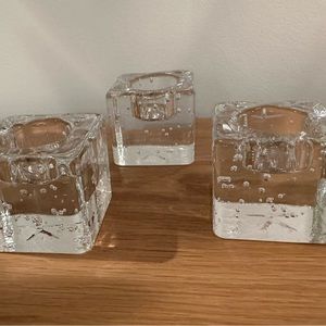 3 Vintage clear square tea light candle holders, melting ice cube design